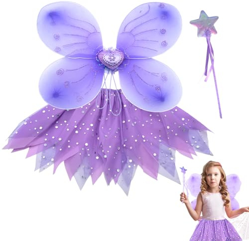 AffeGifts Feenflügel Kinder, Schmetterlingsflügel Kinder mit Tutu Rock und Stirnband Fee Flügel Elfen Fee Kostüm für Mädchen Maskerade Geburtstagsparty Kostüm (Lila)