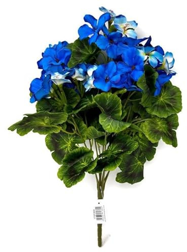 AFS 9 Stem Artificial Geranium Flower Bush - Red Blue Pink Yellow Purple or Cream (Blue)