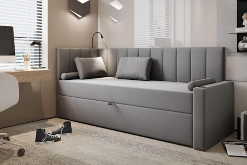 TRADA Boxspringbett Tokio, 80 x 200 cm, Grau | Bett mit Matratze und Bettkasten, USB-Anschluss, Lampen- und Getränkehalter, Stoffbezug Veloursstoff
