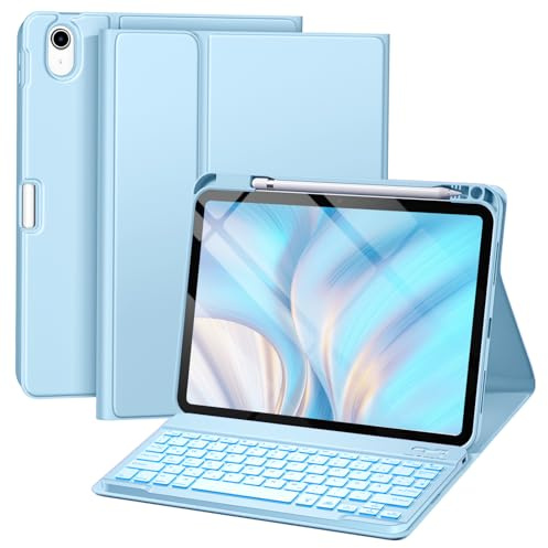 drivego Hülle mit Tastatur für iPad A16 11. 2025/10. 2022 (11/10.9 Zoll) | 7-farbige Beleuchtung Magnetische Abnehmbare Tastatur für iPad 11/10 Generation Hülle mit Stifthalter, Hellblau