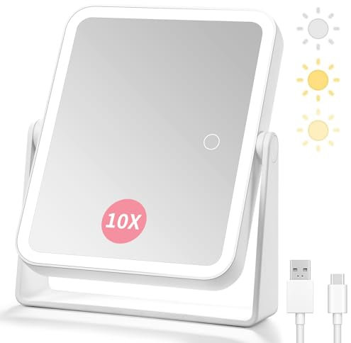 Rechargeable Magnifying Mirror with Lights,1X/10X Double Sided Makeup Mirror-3 Color Light-Smart Touch Screen Dimming-360°Rotation,Portable Desktop LED Magnifying mirror for Makeup/Travelling