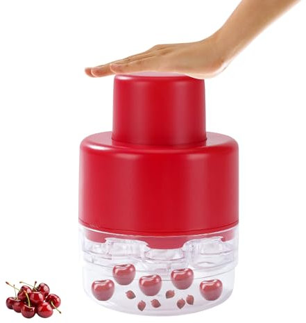 Dénoyauteur de cerises - Sept trous - Sépare le noyau et la pulpe - Dénoyauteur de cerises avec bac de récupération - Plastique/acier inoxydable - Cueille-cerises peu encombrant (A)