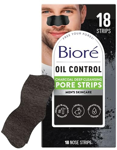 Bioré Men's Oil Control Charcoal Deep Cleansing Pore Strips, Blackhead Strips With Charcoal for Men, Blackhead Remover Strips For All Skin Types, Pore Strips for Blackheads, 18 Count