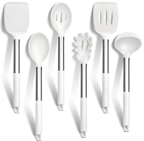 HaWare Kitchen Utensils Set, 6 Pcs Silicone White Cooking Utensils Include Ladle Turner Spoon Pasta Server, Heat Resistant Kitchen Tools with Stainless Steel Handle, Non-Stick Cookware Friendly
