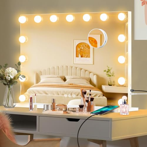 Moonee Vanity Mirror with Lights, Hollywood Lighted Makeup Mirror with 15 Dimmable Bulbs and 10X Magnification, 3 Colors Modes, Light Up Mirror, Gifts for Mother, Girl, Dorm Room Essentials（23 x 18）