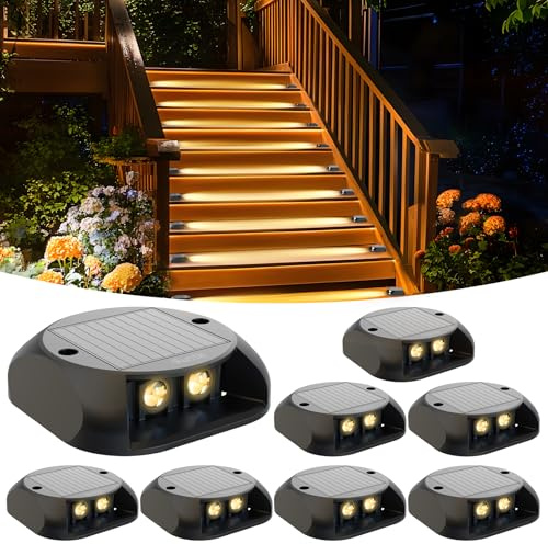 Quntis Solar Step Lights Outdoor Garden 8 Pack, Warm White Pathway Lighting IP65 Waterproof, Pressure Resistant 3 Tons Solar Ground Lights for Stair Garden Step Deck Patio Front Door