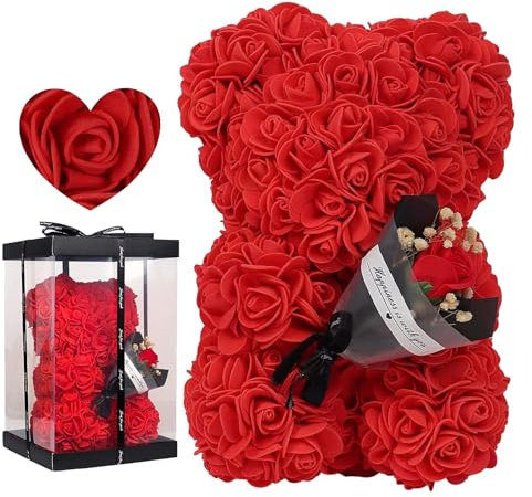 Orso di rosa, orsacchiotto a di rosa, rosa artificiale con scatola trasparente, rosa d'orso con luci, per San, regalo per donne, 24 x 16 cm