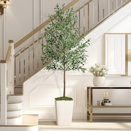 Oliviers artificiels d'intérieur de 2,1 m de haut en soie synthétique avec pot, feuilles réalistes et tronc en bois naturel avec fruits réalistes pour décoration de maison, bureau, chambre, salon,