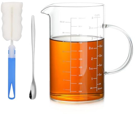 Glass Measuring Jug, 500ml Borosilicate Glass Measuring Cup with 3 Scales (ml/oz/Cup), Measuring Cups Resistant Borosilicate Measuring Cups with 1Pcs Cleaning Brush and A Stirring Stick