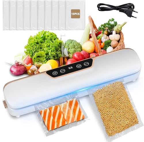 Envasadora al Vacío,4 en 1, Máquina de Sellado al Vacío 62KAP Profesional, Máquina Envasadora al Vacio Domestica Rápida y Compacta, Incluyendo 10 Bolsas (Blanco)