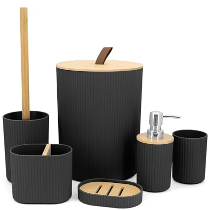 Yuhtech 6 Pieces Bathroom Accessories Set, Bamboo Bathroom Accessory, Bathroom Essentials Set, Modern Plastic Bath Set with Soap Dispenser, Toothbrush Holder Cup, Bathroom Bin and Toilet Brush (Black)