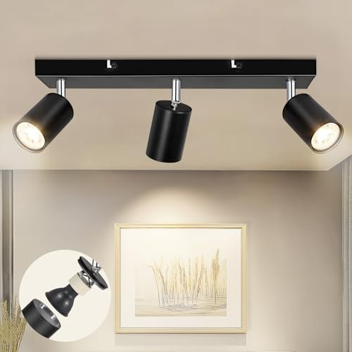Dehobo Lampara Focos Techo con 3 Focos Giratorios, Lámpara de Pared Interior LED Negro Ajustables GU10, Foco de Pared Aluminio para Iluminación para Dormitorio Pasillo Cocina, Sin Bombilla