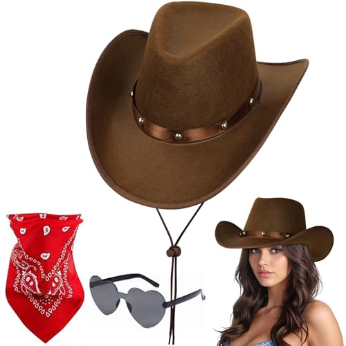 Aomig Cowboy Western Hatt, maskeraddräkt för vuxna, med solglasögon och bandana, utklädningstillbehör för halloween och karneval, C-brun, 39.5 cm x 30 cm