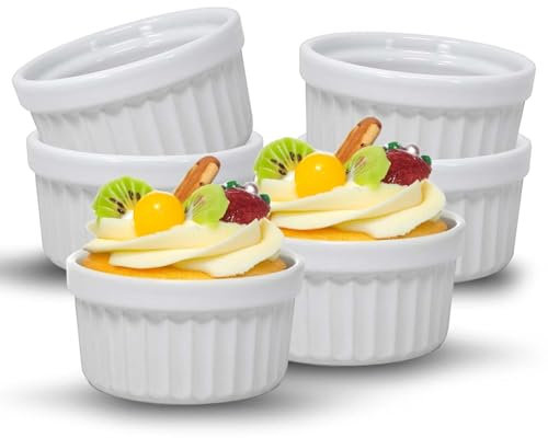 UNIQUE HOME LIVING Ramekins Set of 6, 7oz Ceramic Soufflé Dishes for Creme Brulee, Muffin, Pudding, Baking Dishes for Air Fryer & Oven, Mini Bowl for Dips, Sauces, Snacks and Fruits - White