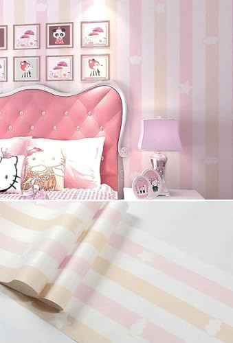 WPE® Pink White Beige Stripe Wallpaper – Stars & Clouds Design for Girls Bedroom – Soft Pastel Wall Décor – Vintage-Inspired – Paste The Paper – Nursery, Kids Room, Playroom – 9.5m x 0.53m - TW032