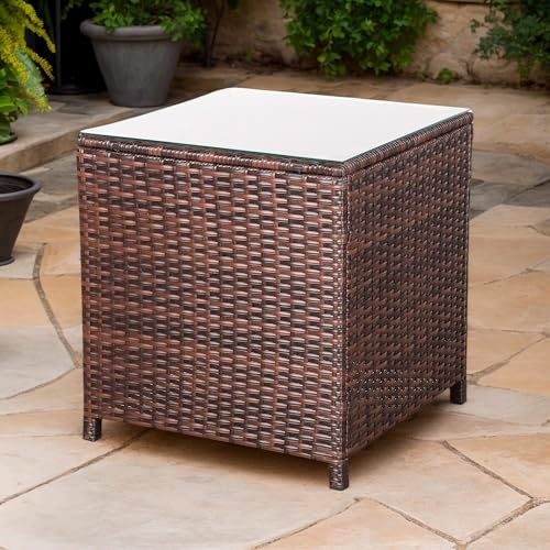 Rattan Park Mesa de Centro de ratán para Exterior con Tapa de Cristal, Mesa Auxiliar de Mimbre Resistente a Todo Clima para Patio, balcón o Porche, Color marrón, 64 × 64 × 68 cm