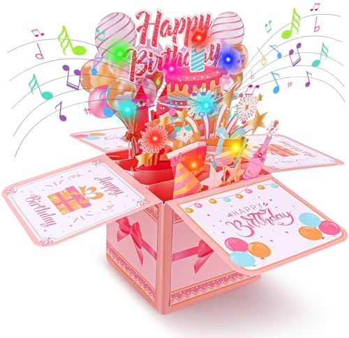 Mexgcom Biglietto di Auguri 3D, Scatola Tridimensionale 3D con Luci Flash Colorate Auguri di Compleanno, Biglietti di Compleanno con Musicale e Luce, Regali Adatti ad Amici, Parenti, Amanti (Rosa)