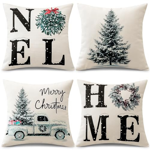 JOTOM 4er Set Weihnachten Kissenbezüge, Dekorative Noel Wurf Kissenbezug Moderne Kissenhüllen Sofakissen Dekokissen Zierkissenbezug für Wohnzimmer Garten Deko (40x40cm, Weihnachtsbaum)