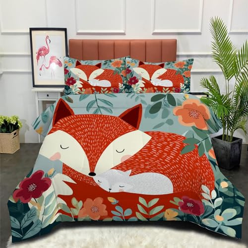 DLERFLOVR Edredón Relleno Nórdico 4 Estaciones Cama 90 140x200cm - Edredón Lindo Zorro Nórdico de Fibra Jardín De Dibujos Animados Suave Transpirable para Invierno, Primavera y Otoño, Rojo
