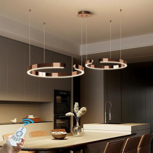 CNMKLM LED Hängeleuchte Dimmbar Moderne Ring Esszimmer-Pendelleuchte Kreatives C Design Hängelampe Höhenverstellbar Pendellampe Für Esstisch,Wohnzimmer,Schlafzimmer(Braun,2 rings/60+40CM/65W)