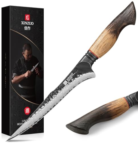 XINZUO Acier Damas 19cm Couteau à Filet de Cuisine Professionnel -67 Couche Damas Acier de Couteau à Désosser à Fileter Chef pour Désosser le Poisson et la Viande -Poignée Ergonomique en Chêne Blanc