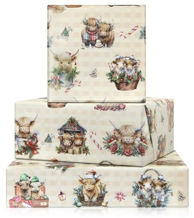 Weihnachts-Geschenkpapier mit Hochlandkuh, 4 Blatt, flach gefaltet, 50 x 70 cm, florales Geschenkpapier für Yak-Thema, Geburtstag, Hochzeit, Urlaub, Babyparty