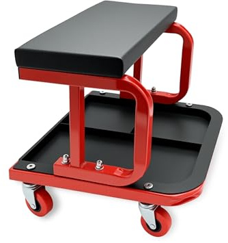 Relaxdays Taburete de Taller con Estante, Asiento Acolchado, 100 kg, Ruedas, Negro-Rojo, 37 x 36.5 x 38 cm