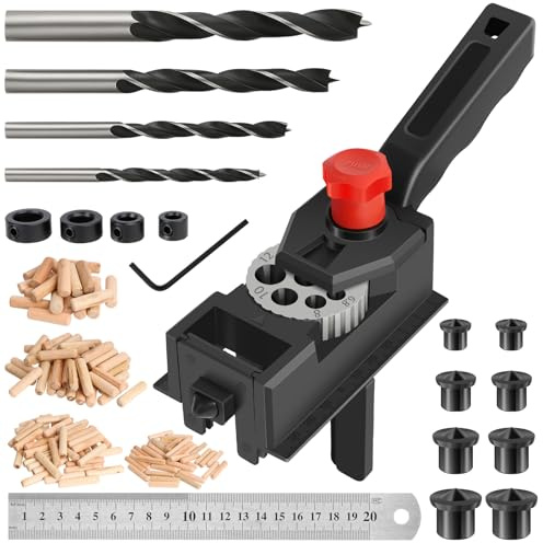 170 Stück Holzdübel Bohrschablone Set, je 6mmx50+8mmx40+10mmx40+12mmx20 pcs Dübel und 1 Bohrer 6, 8, 10, 12 mm mit Lineal, Begrenzungsring und Zentrierspitze für Kleine Handwerkliche Projekte Geeignet