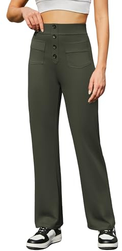 Friptspyg Pantalones Mujer de Yoga Anchos con Botones Bolsillos Recto Elástico para Uso Casual y Deporte, Verde Militar L