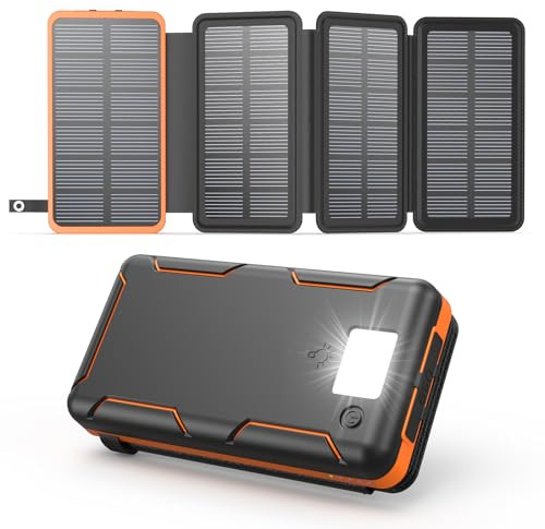 Cargador Solar Power Bank 25000mAh - A ADDTOP 3.0A Bateria Externa Carga Rápida con USB C – Bateria Portatil con 4 Paneles 3 Salidas - PD QC 3.0 PowerBank para Teléfono Tabletas LED para Camping