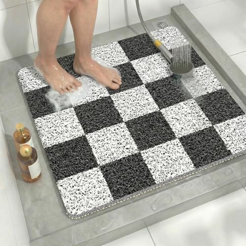 Duschmatte rutschfest 60x60 cm Quadratisch kariert, Schnelltrocknende & Schimmelresistente PVC Badematte als Antirutschmatte für Dusche und Duschkabine, Waschbare Duschunterlage, Schwarz Weiß kariert