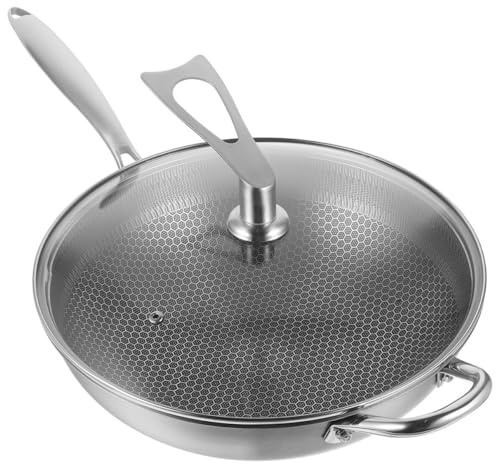 Ciieeo Padella Wok Antiaderente in Acciaio Inox 410 a Nido D’Ape 34 CM con Coperchio Padella Wok per Fornelli a Induzione e a Fiamma Pentola da Cucina Domestica Resistente e Facile da