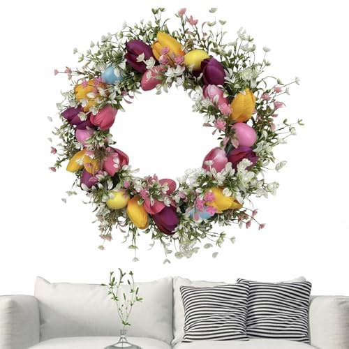 Tulpen-Eierkranz 45cm Osterkranz Frühlings Türkranz Ostern Künstliche Tulpenblumenkränze Frühlingskranz Mit Eiern Für Haustür, Ostern, Bauernhaus, Urlaub, Wand, Zuhause,
