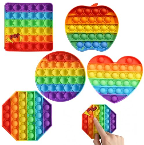 5 Stück Pop It Spielzeug, Anti Stress Popit Spiel, 5 Verschiedene Formen, Kreis, Herz, Quadrat, Apfel, Achteck, Pop It, Silikon Sensorisches, Anti Stress Spielzeug für Autismus Kinder und Erwachsene