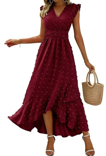 KUNJLELP Vestito da Donna con Scollo a V Elegante Manica Corta Plissettato Vita Alta Abito da Spiaggia Vacanza Estivi