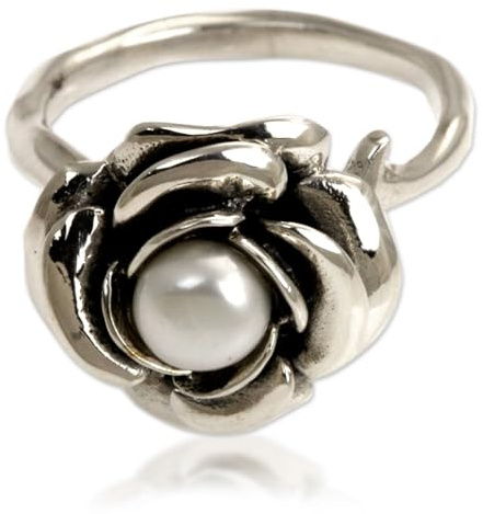 NOVICA Artisan Handmade White Pearl Flower Ring | .925 Sterling Silver Single Stone Floral Birthstone | 'White Rose' Indonesia | Crown Bezel 0.4 H x 0.6 Diam | Band Width 2 mm