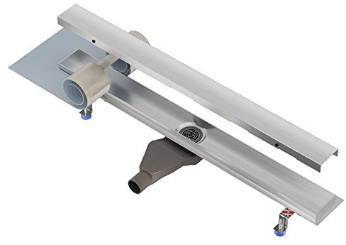 Nordona extraflache Edelstahl Duschrinne Complete Basic, Abgang Mitte Länge: 120 cm Inkl. Blende Klassisch, Niederprofilsiphon Einbautiefe nur 6 cm