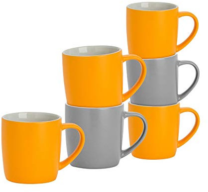 Argon Tableware Coloured Coffee Mugs - Matte Grey/Yellow - 350ml - Pack of 6 - Matt Ceramic Stoneware Latte Cappuccino Cups Hot Chocolate Cups Colourful Mug Set with Handle