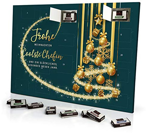 printplanet Adventskalender mit Namen Coolste Chefin - gefüllt mit Schokoladen-Füllung - personalisiert mit Namens-Motiv Frohe Weihnachten - Grün - Schoko-Kalender, Weihnachtskalender