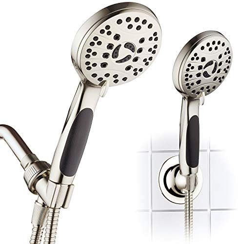 AquaSpa High Pressure 6-Setting Luxury Handheld Shower Head – 6 Foot Stainless Steel Hose – All Brushed Nickel Finish – Includes Extra Wall Bracket