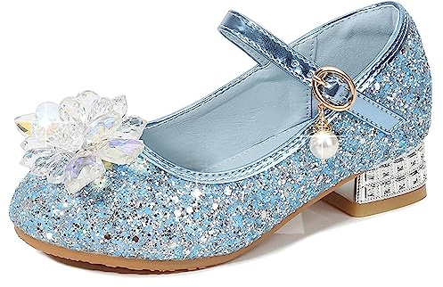 Eleasica Scarpe da Principessa per Ragazze Scarpe col Tacco Bambine Punta Chiusa Ballerine Principessa Cenerentola Elsa Sera Matrimonio Festa Cocktail Mary Jane,Blu,27