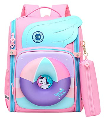 Barakara Kinderrucksack, 2 in 1 Wasserdicht Leicht Einhorn Rucksäcke Schultasche mit Federtasche Reflektierender Streifen, Niedlich Donuts Schulrucksack Schulranzen Büchertasche Mädchen Jungen, Rosa