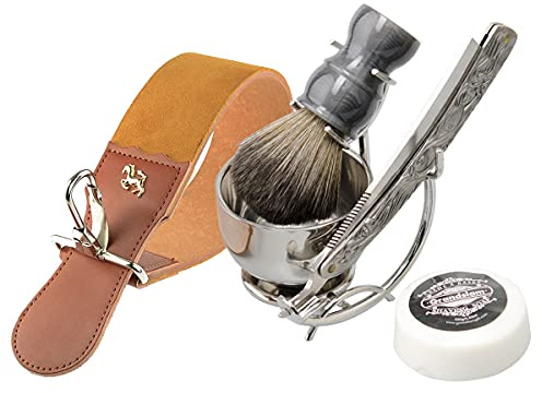 Grandslam Shaving Straight Razor Kit, Steel Cutthroat Straight Razor With Leather Strop, Shave Brush, Stainless Steel Shaving Bowl and Stand, Gift for Men