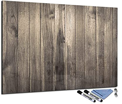 Glas-Magnettafel 70x100 cm Whiteboard Wand Beschreibbar Magnetisch Pinnwand Küche Office Büro mit Zubehör Wochenplaner Abwischbar Deko Memoboard Tafel Holz-Optik Grau
