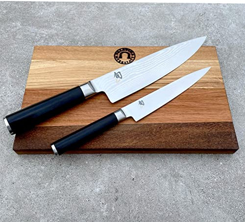 Kai Shun Classic Küchen Messerset Allzweckmesser DM-0701 15 cm+ großes Kochmesser DM-0706 20 cm Damastklinge + 30x18 cm Fassholzbrett VK: 374,-