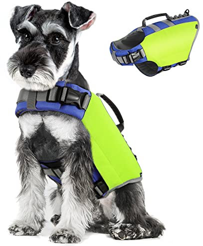 Pawaboo Schwimmweste Hund, Einstellbare Hundeschwimmweste mit Starkem Auftrieb und Langlebigem Rettungsgriff Reflektierend Rettungswesten für Hunde Schwimmen Surfen Bootfahren, S, Helles Gelb