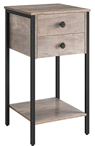 HOOBRO Tall Nightstand, End Table with 2 Drawers and Storage Shelf, Industrial Telephone Side Table for Study, Bedroom, Space Saving, Easy Assembly, Greige and Black BG72BZ01