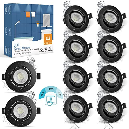 wowatt 10er Einbaustrahler LED Schwarz 3 Stufe Dimmbar 7W Einbauleuchten Ultra Flach IP44 Deckenspots 6000K Kaltweiß 700LM Ersetzt 70W Halogen LED Spots 230V Schwenkbar Rund 68mm Badeinbaustrahler