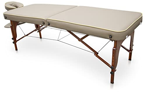 QUIRUMED Massageliege für SPA, tragbar, Holz, beige Farbe, lackiertes Holz, Kunstleder, hochdichte Polsterung, höhenverstellbar, klappbar, Abnehmbarer Kopf, bis zu 210 kg
