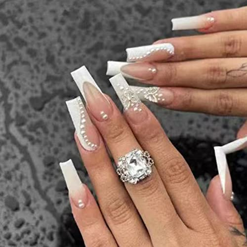 JUSTOTRY 24 Stück Pearls Coffin Nägel Zum Aufkleben Lang mit Butterfly,Weiß Press on Nails,Pink Ballerina Kunstnägel Künstliche Nägel,Schöne Fingernägel Fake Nails Mittel für Frauen
